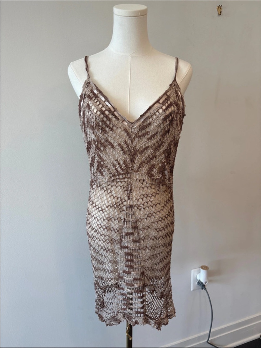 Ashley Stewart Vintage Brown Crochet V-Neck Slip Dress w Ribbon M/L